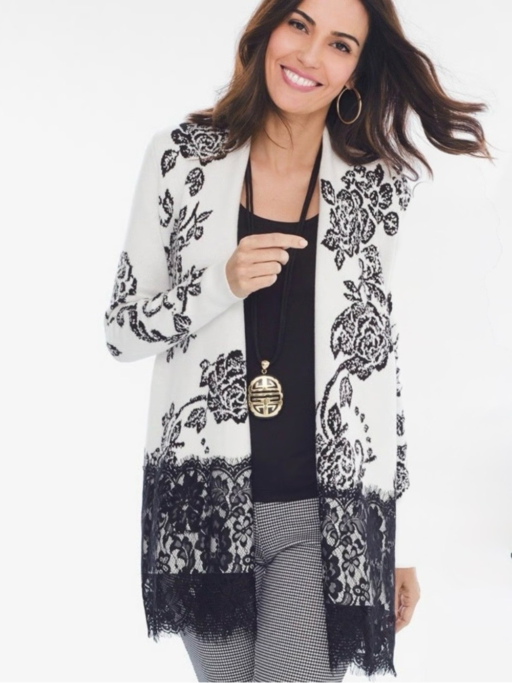 Chico's Long Open Cardigan Sweater Black and White Lace Fringe - Picture 4 of 8